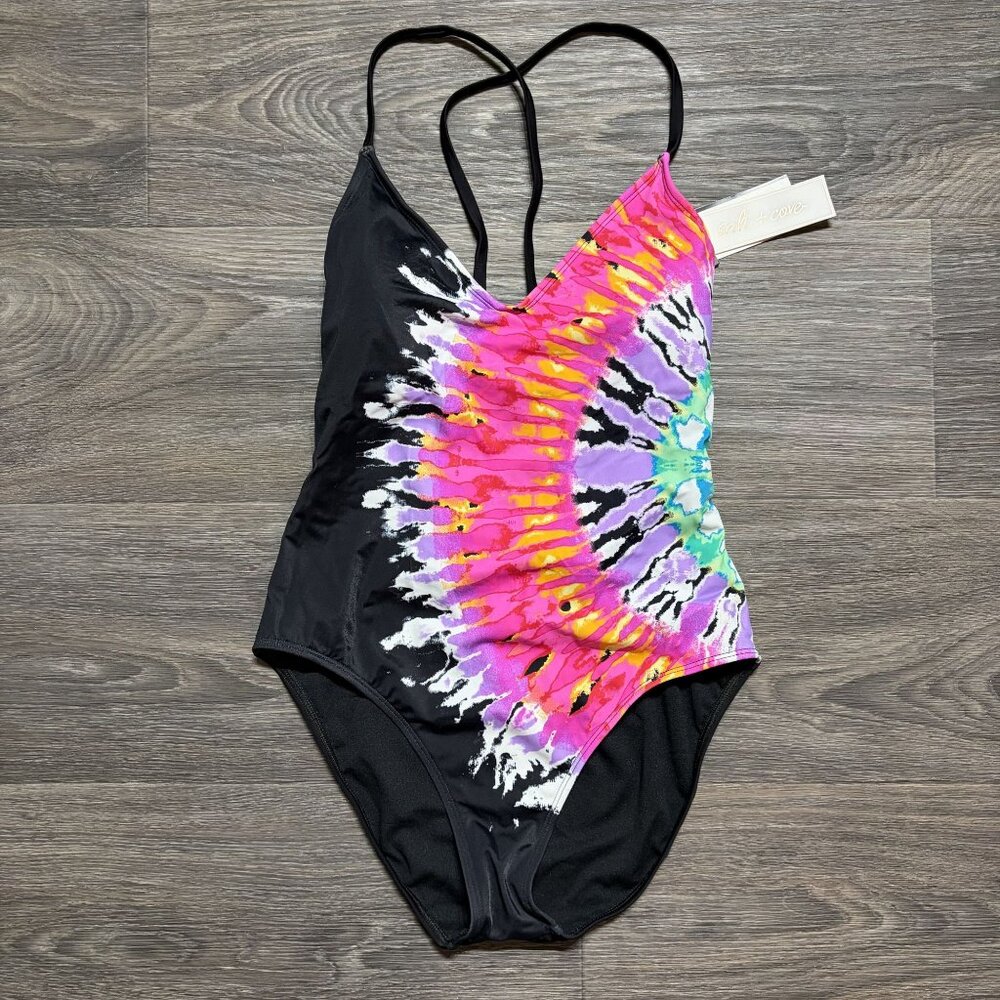 NEW Salt + Cove Medium Tie Dye One Piece Swim Strappy Black Pink Bathing Suit - Picture 2 of 11